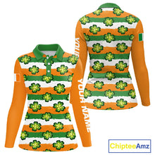 Load image into Gallery viewer, Womens Long Sleeve Golf Polo Shirt Custom Green Clover St Patricks Day Pattern Ireland Flag Golf Shirt NHN0138