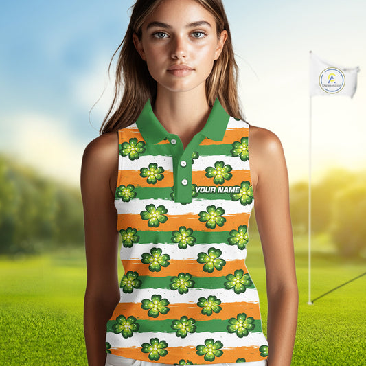 Womens Sleeveless Golf Polo Shirt Custom Green Clover St Patricks Day Pattern Ireland Flag Golf Shirt NHN0138