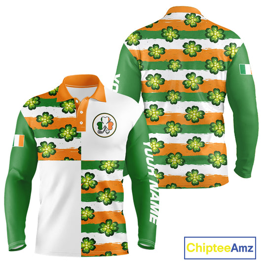 Long Sleeve Golf Polo Shirt Custom Ireland Flag St Patricks Day Green Clovers Golf Tops For Men NHN0140