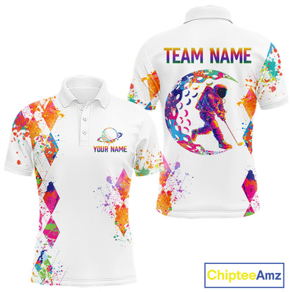 Mens Golf Polo Shirt Argyle Pattern Golf Shirts For Mens Funny Astronaut Watercolor Golf Gifts NHN0006