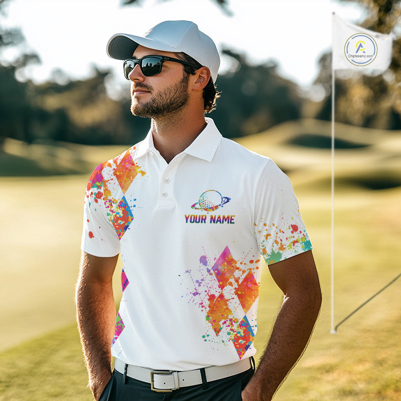 Mens Golf Polo Shirt Argyle Pattern Golf Shirts For Mens Funny Astronaut Watercolor Golf Gifts NHN0006