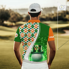 Load image into Gallery viewer, Mens Golf Polo Shirts Custom Green Clover St Patricks Day Plaid Pattern Ireland Flag Flame Golf Ball NHN0142