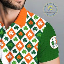 Load image into Gallery viewer, Mens Golf Polo Shirts Custom Green Clover St Patricks Day Plaid Pattern Ireland Flag Flame Golf Ball NHN0142