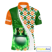 Load image into Gallery viewer, Mens Golf Polo Shirts Custom Green Clover St Patricks Day Plaid Pattern Ireland Flag Flame Golf Ball NHN0142