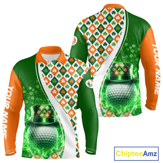 Long Sleeve Golf Polo Shirt Custom Green Clover St Patricks Day Plaid Pattern Ireland Flag Flame Golf Ball NHN0142