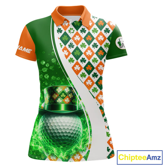 Womens Golf Polos Shirt Custom Green Clover St Patricks Day Plaid Pattern Ireland Flag Flame Golf Ball NHN0142