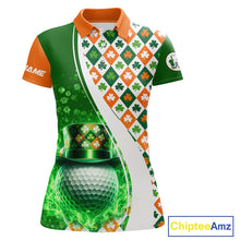 Load image into Gallery viewer, Womens Golf Polos Shirt Custom Green Clover St Patricks Day Plaid Pattern Ireland Flag Flame Golf Ball NHN0142