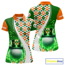 Load image into Gallery viewer, Womens Golf Polos Shirt Custom Green Clover St Patricks Day Plaid Pattern Ireland Flag Flame Golf Ball NHN0142