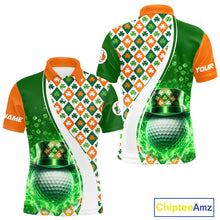 Load image into Gallery viewer, Mens Golf Polo Shirts Custom Green Clover St Patricks Day Plaid Pattern Ireland Flag Flame Golf Ball NHN0142