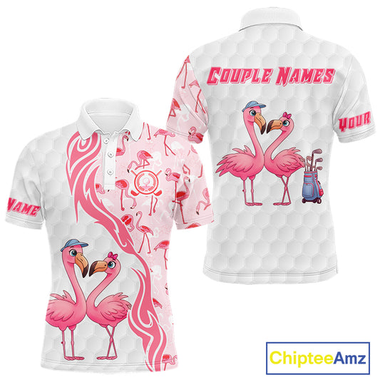 Matching Golf Polo Shirts For Couples, Custom Pink & White Glitter Flamingo Valentine Golf Outfits NHN0026