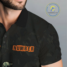 Load image into Gallery viewer, Mens Disc Golf Polo Shirt Custom Name Number Green Camo Disc Golf Basket Personalized Team Disc Golf Shirts NHN0029