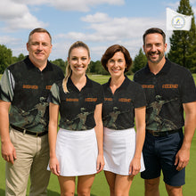 Load image into Gallery viewer, Mens Disc Golf Polo Shirt Custom Name Number Green Camo Disc Golf Basket Personalized Team Disc Golf Shirts NHN0029