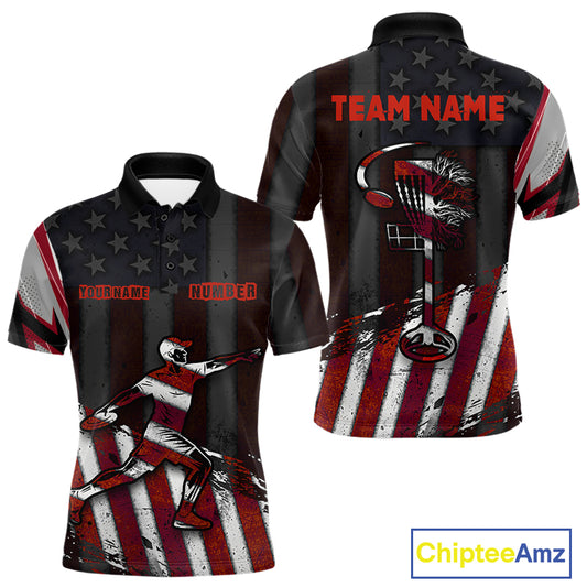 Mens Disc Golf Polo Shirt Custom Name Vintage American Flag Disc Golf Basket Patriotic Golf Shirts  NHN0029