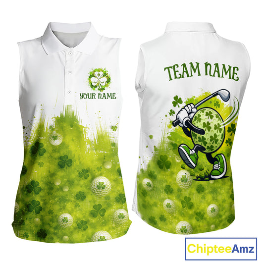 Womens Sleeveless Golf Polo Shirt Custom Funny Green Clover St Patricks Day Plaid Pattern Golf Tops NHN0161