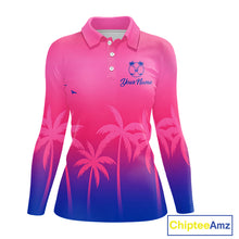 Load image into Gallery viewer, Womens Long Sleeve Golf Polo Shirt Custom Pink Blue Palm Pattern Team Ladies Golf Tops, Golf Gifts NHN0172