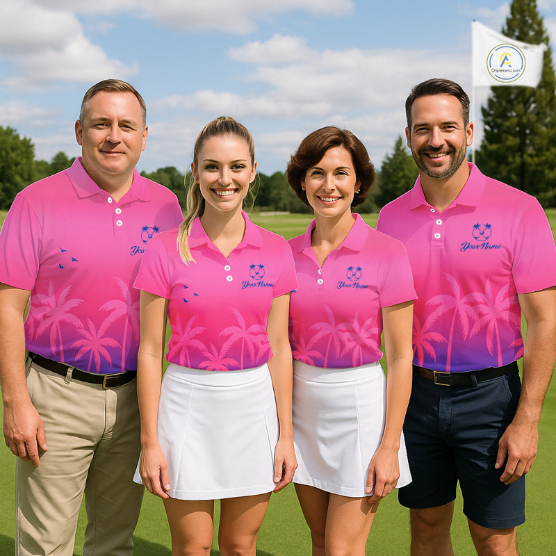 Mens Golf Polo Shirt Custom Pink Blue Palm Pattern Team Golf Tops For Men, Summer Golf Gifts NHN0172