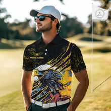 Load image into Gallery viewer, Mens Golf Polo Shirt Custom Yellow And Black Grunge Ripped Eagle Grasping Golf Ball Golf Apparel NHN0057