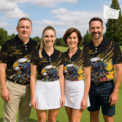 Mens Golf Polo Shirt Custom Yellow And Black Grunge Ripped Eagle Grasping Golf Ball Golf Apparel NHN0057