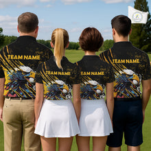 Load image into Gallery viewer, Mens Golf Polo Shirt Custom Yellow And Black Grunge Ripped Eagle Grasping Golf Ball Golf Apparel NHN0057