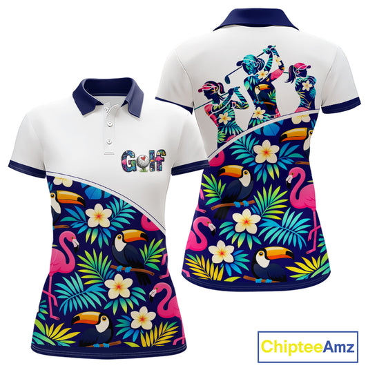 Funny Womens Golf Polo Shirt Custom Toucan Tropical Pattern, Flamingo Golf Shirt For Ladies NHN0205