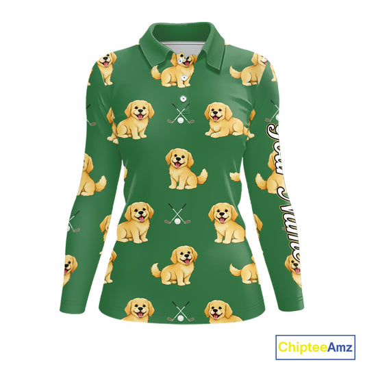 Golden Retriever Womens Long Sleeve Golf Polo Shirt Custom Funny Green Team Golf Tops, Dog Lover Gift NHN0214