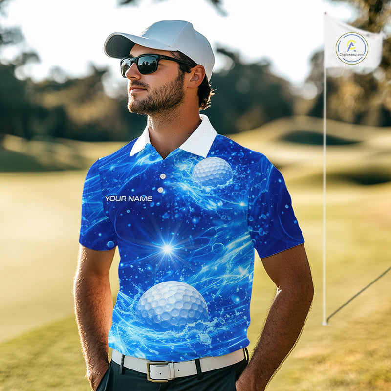 Personalized Mens Golf Polo Shirt Blue Water Splash Golf Ball Custom Name Golf Tops For Team NHN0221