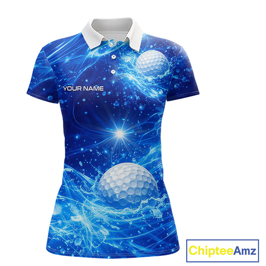 Personalized Womens Golf Polo Shirt Blue Water Splash Golf Ball Custom Name Golf Tops For Team NHN0221
