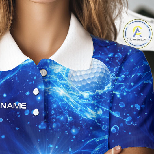 Personalized Womens Golf Polo Shirt Blue Water Splash Golf Ball Custom Name Golf Tops For Team NHN0221
