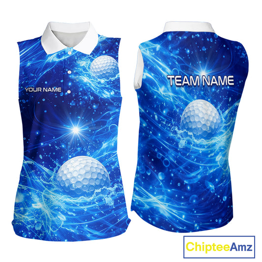 Womens Sleeveless Golf Polo Shirt Blue Water Splash Golf Ball Custom Name Golf Tops For Team NHN0221
