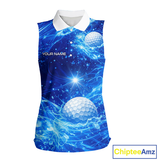 Womens Sleeveless Golf Polo Shirt Blue Water Splash Golf Ball Custom Name Golf Tops For Team NHN0221