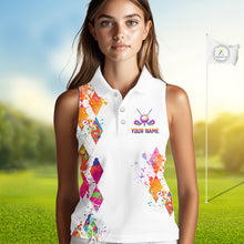 Load image into Gallery viewer, Watercolor Argyle Pattern Womens Sleeveless Golf Polo Shirt Custom White Golf Clubs Golf Shirts NHN0006