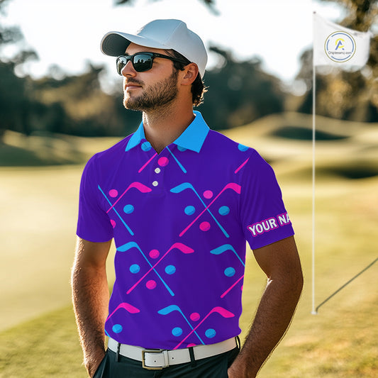 Mens Golf Polo Shirts Blue Purple Pink Custom Golf Balls And Golf Clubs Pattern, Team Golf Shirt NHN0105