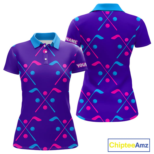 Womens Golf Polo Shirts Blue Purple Pink Custom Golf Balls And Golf Clubs Pattern, Team Golf Shirt NHN0105