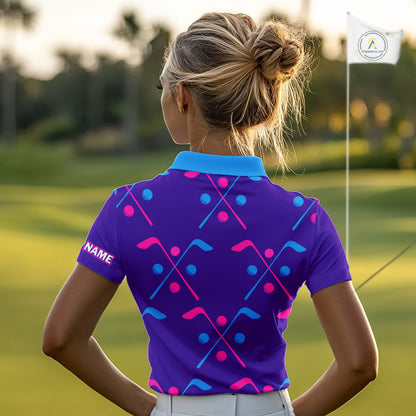 Womens Golf Polo Shirts Blue Purple Pink Custom Golf Balls And Golf Clubs Pattern, Team Golf Shirt NHN0105