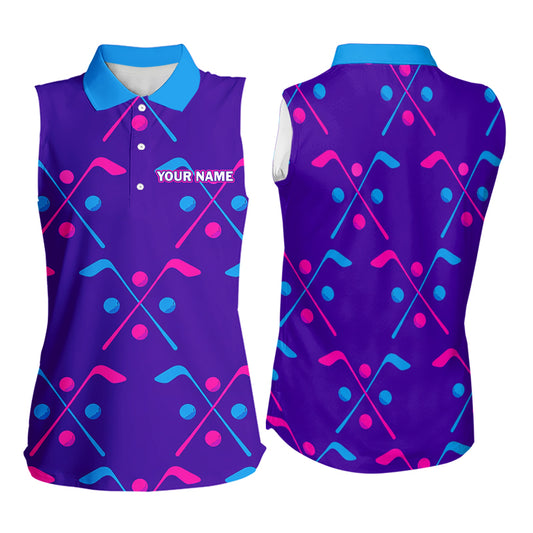 Womens Sleeveless Golf Polo Shirt Blue Purple Pink Custom Golf Balls And Golf Clubs, Team Golf Shirt NHN0105