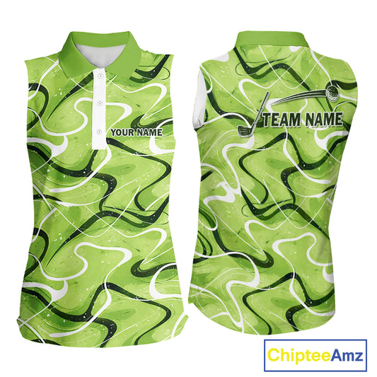 Green And White Womens Sleeveless Golf Polo Shirt Custom Green Camo Golf Tops, Personalized Golf Gifts NHN0111