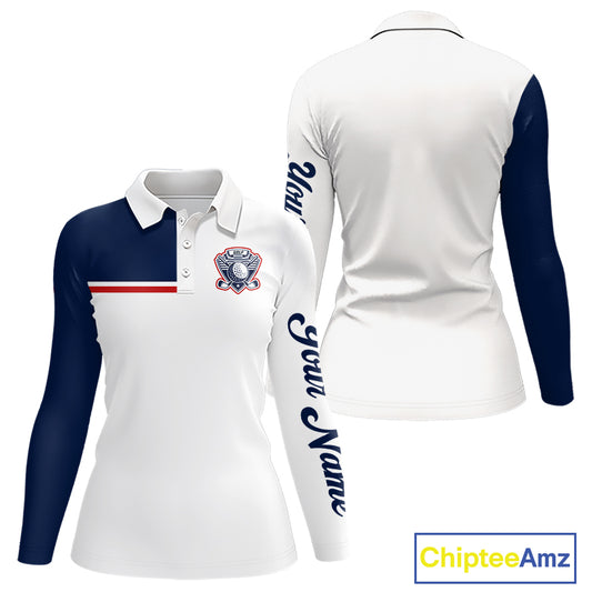 Blue And White Golf Polo Shirt, Custom Name Womens Long Sleeve Golf Polo Shirt, Personalized Golf Gift NHN0117