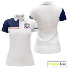 Load image into Gallery viewer, Blue And White Golf Polo Shirt, Custom Name Womens Golf Polo Shirts, Personalized Golf Gifts NHN0117