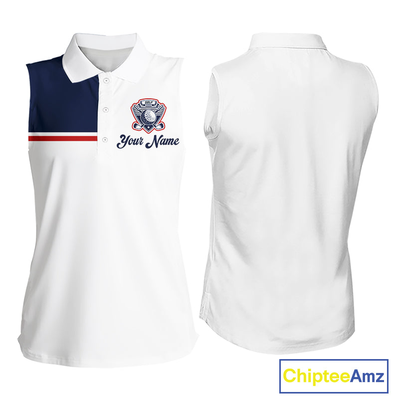 Blue And White Golf Polo Shirt, Custom Name Womens Sleeveless Golf Polo Shirt, Personalized Golf Gifts NHN0117