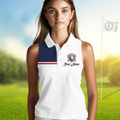 Blue And White Golf Polo Shirt, Custom Name Womens Sleeveless Golf Polo Shirt, Personalized Golf Gifts NHN0117