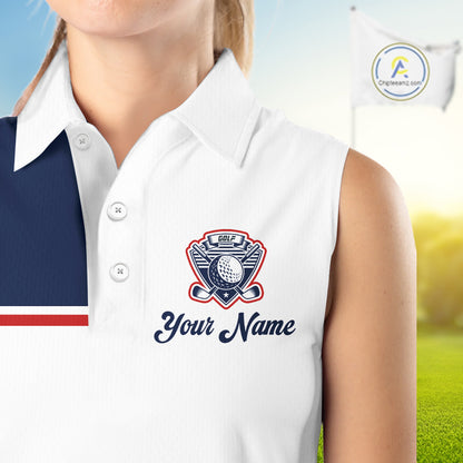 Blue And White Golf Polo Shirt, Custom Name Womens Sleeveless Golf Polo Shirt, Personalized Golf Gifts NHN0117