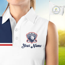 Load image into Gallery viewer, Blue And White Golf Polo Shirt, Custom Name Womens Sleeveless Golf Polo Shirt, Personalized Golf Gifts NHN0117
