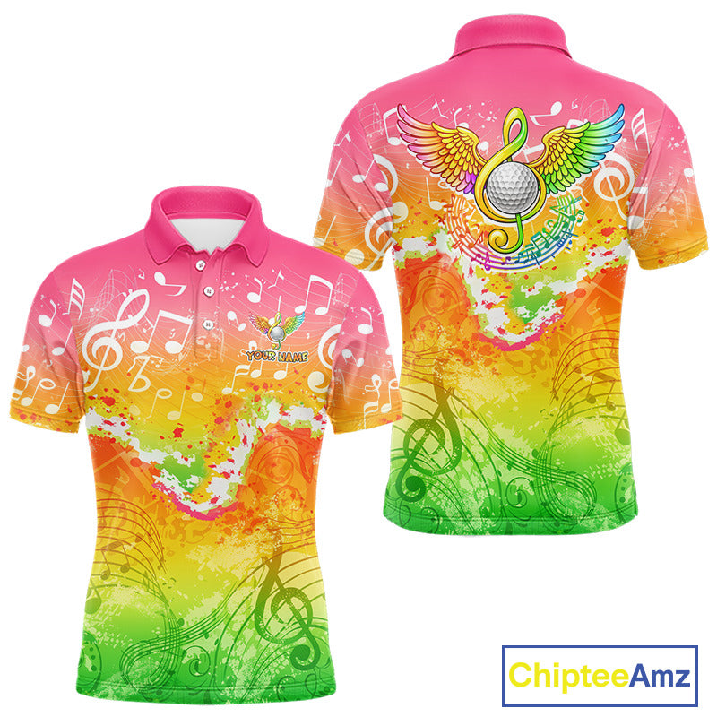 Mens Golf Polo Shirt Colorful Music Angel Wing Golf Ball Custom Golf Top For Team, Golfer Gift NHN0130