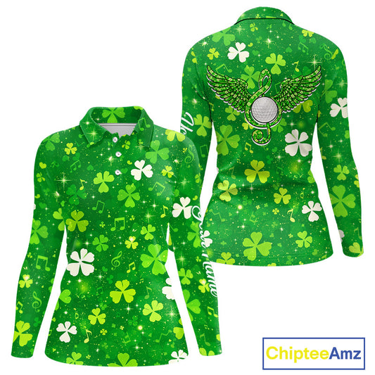 Womens Long Sleeve Golf Polo Shirt Custom Green Music Angel Wing Golf Ball St Patricks Day Golf Shirts NHN0132