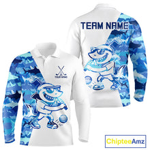 Load image into Gallery viewer, Mens Long Sleeve Golf Tops Polo Blue Shark Pattern Golf Clubs Custom Name Funny Golf Shirts NHN0002