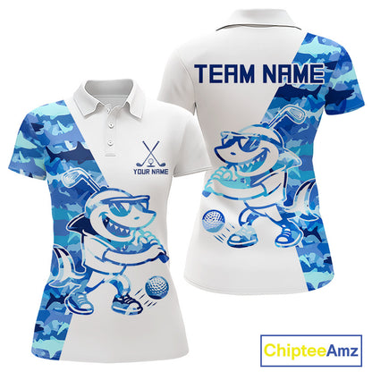 Custom Womens Golf Polo Shirt Funny Blue And White Shark Pattern Golf Shirts For Women NHN0002