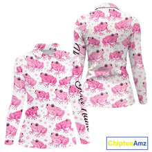 Load image into Gallery viewer, Funny Womens Long Sleeve Golf Polo Shirt Custom Pink Frog Pattern Golf Attire For Ladies Golfer NHN0134