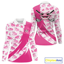 Load image into Gallery viewer, Funny Womens Long Sleeve Golf Polo Shirt Custom Pink Frog Pattern Golf Attire For Ladies Golfer Gifts NHN0136