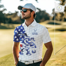 Load image into Gallery viewer, Funny Mens Golf Polo Shirt Patriotic American Flag Custom Name Shark Playing Golf Shirt Funny Golf Apparel NHN0018