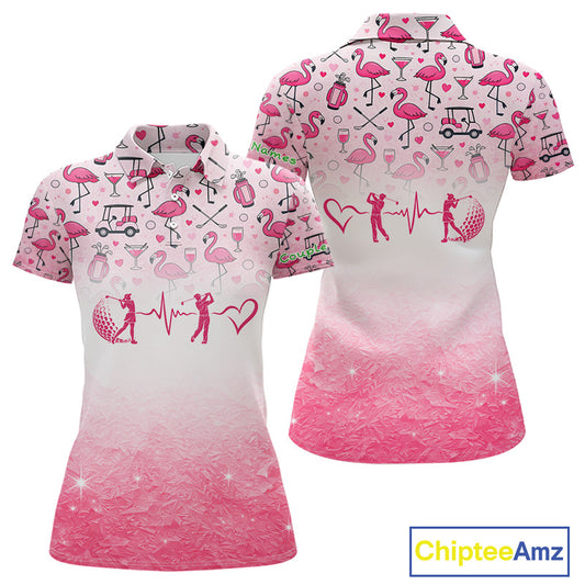 Pink Flamingo Heart Theme Matching Golf Polo Shirt For Couple Custom Couple Valentines Outfit NHN0145